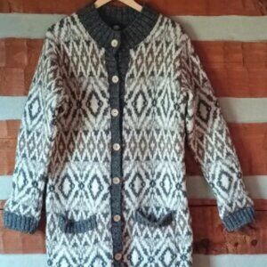 Icewear longline wool cardigan wood buttons patch pockets Nordic Fair Isle Large